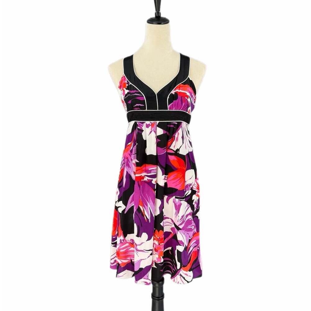 Banana Republic PETITE Y2K Black Red Floral Silk Colorful Tropical Mini Dress